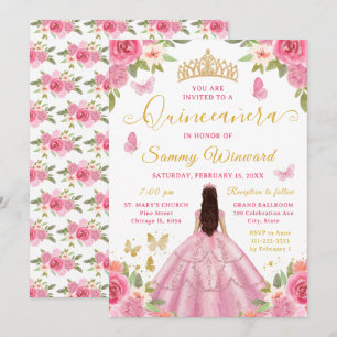 Quinceañera Prinzessin Rosa Blumen Gold Tiara Einladung
