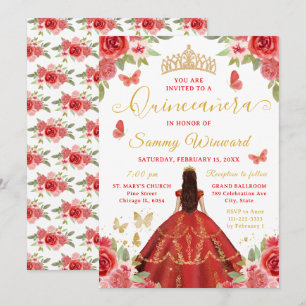 Quinceañera Prinzessin Rot Blumen Gold Tiara Einladung