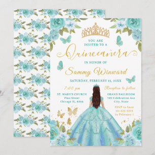 Quinceañera Prinzessin Türkis Blumen Gold Tiara Einladung