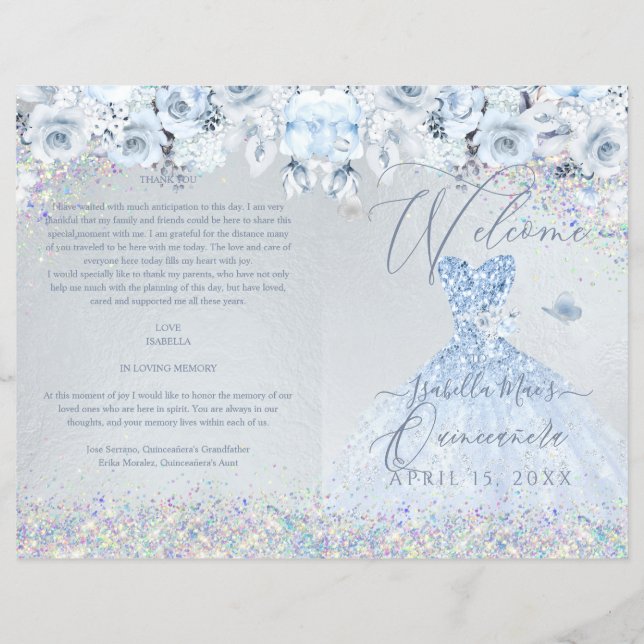 Quinceanera Programm Baby Blue Floral Glitzer Gown (Vorderseite)