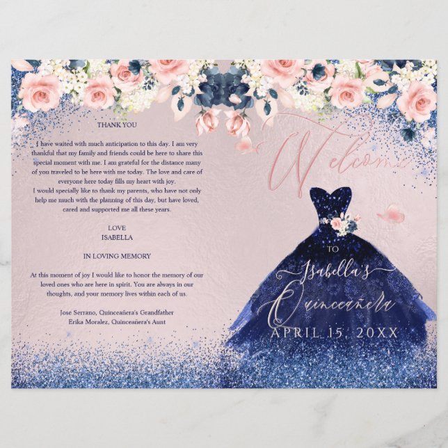Quinceanera Programm Blush Glitzer der Blumenflott (Vorderseite)