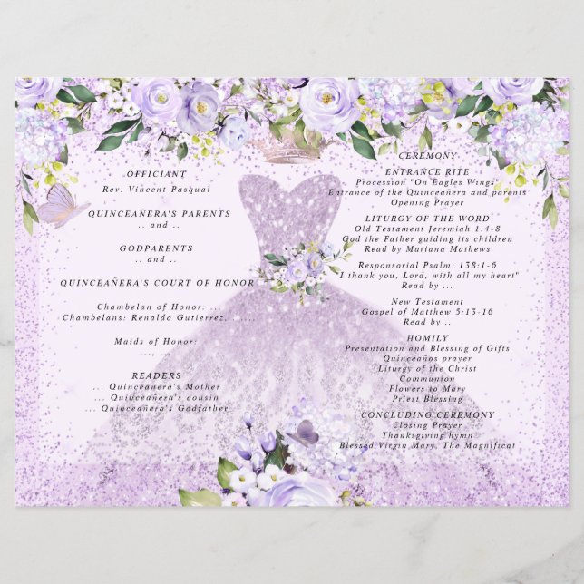 Quinceanera Programm Dusty Lila Floral n Gown (Rückseite)