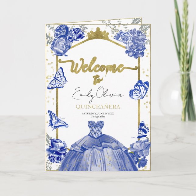 Quinceanera Programme Royal Blue Dress Floral Gold (Vorderseite)