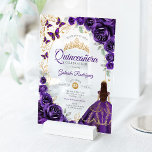 Quinceanera Purple Gold Floral Acryleinladungen<br><div class="desc">Purple gold and white Quinceanera celebration invitation. Features brunette girl in ball gown dress,  script font,  gold butterflies,  watercolor roses and tiara. Perfect for an elegant princess style glam celebration. Personalize with your own details. Stylish transparent or frosted acrylic invitations.</div>