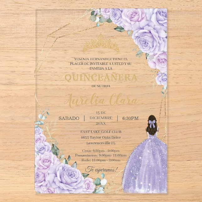 Quinceañera Purple Lilac Floral 15 Años Padrinos Acryleinladungen (Vorderseite)