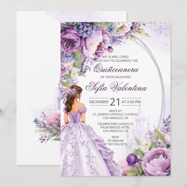 Quinceanera Purple Silver Floral Invitation (Devant / Derrière)