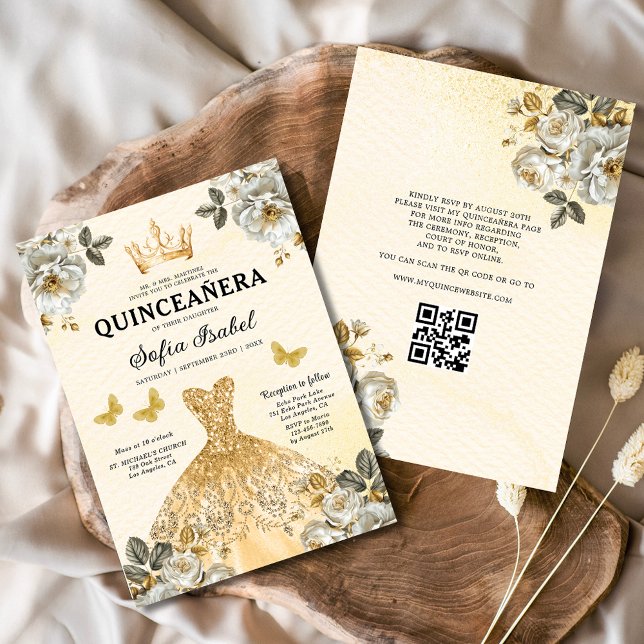 Quinceanera QR Code Floral Gold Princess Einladung (Von Creator hochgeladen)