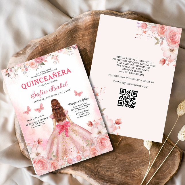 Quinceañera QR Code Rosa Rose Blüte Einladung (Von Creator hochgeladen)
