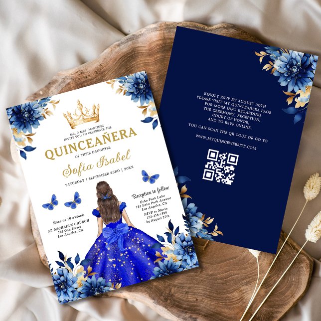 Quinceanera QR Code Royal Blue Butterfly Princess Einladung (Von Creator hochgeladen)