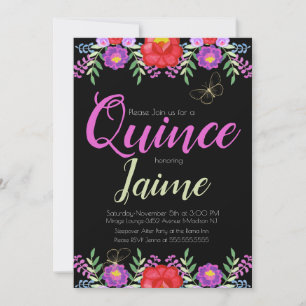 Quinceanera Quince Wasserfarbe Floral Pink Schwarz Einladung
