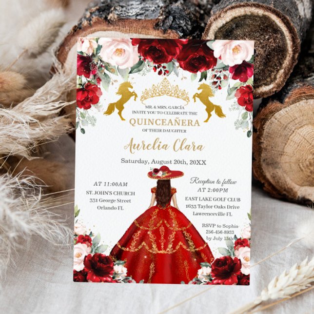 Quinceañera Red Blush Floral Charro Gold Pferde Einladung (Von Creator hochgeladen)