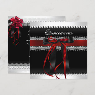 Quinceanera Red Bow Black Pearl Lace Diamond Einladung