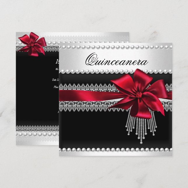 Quinceanera Red Bow Black Pearl Lace Diamond Einladung (Vorne/Hinten)