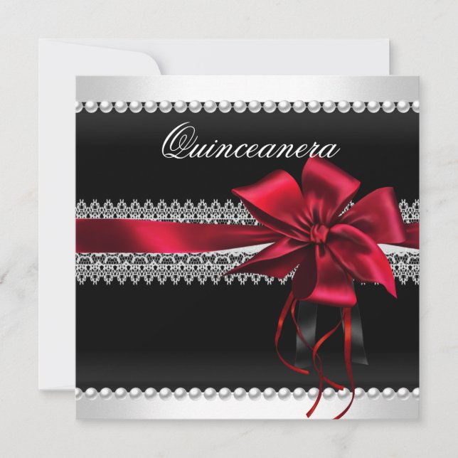 Quinceanera Red Bow Black Pearl Lace Diamond Einladung (Vorderseite)