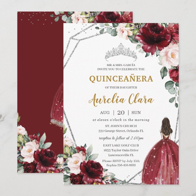 Quinceañera Red Burgundy Blush Floral Silver Tiara Einladung (Vorne/Hinten)