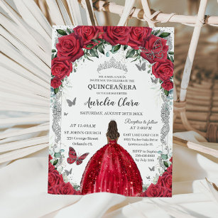 Quinceañera Red Dress Rose Bloral Vintag Silber Einladung