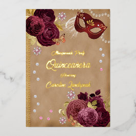 Quinceañera Red English Rose & Gold Red Mask Folieneinladung