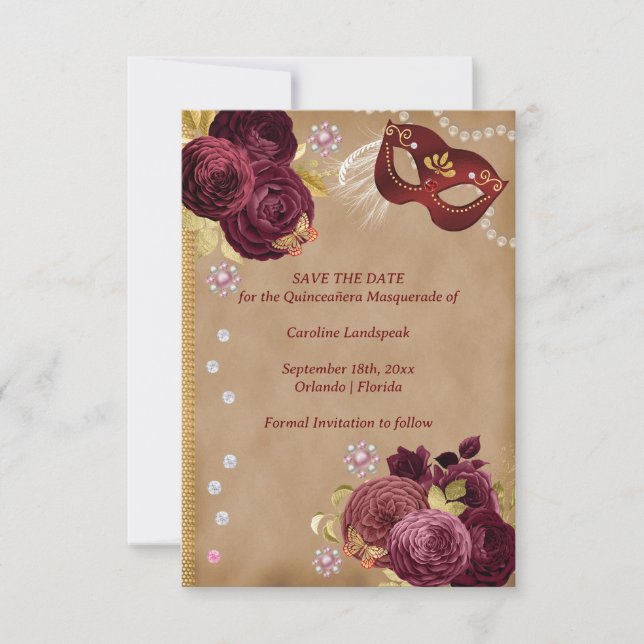 Quinceañera Red English Rose Gold Red Masquerade Save The Date (Vorderseite)