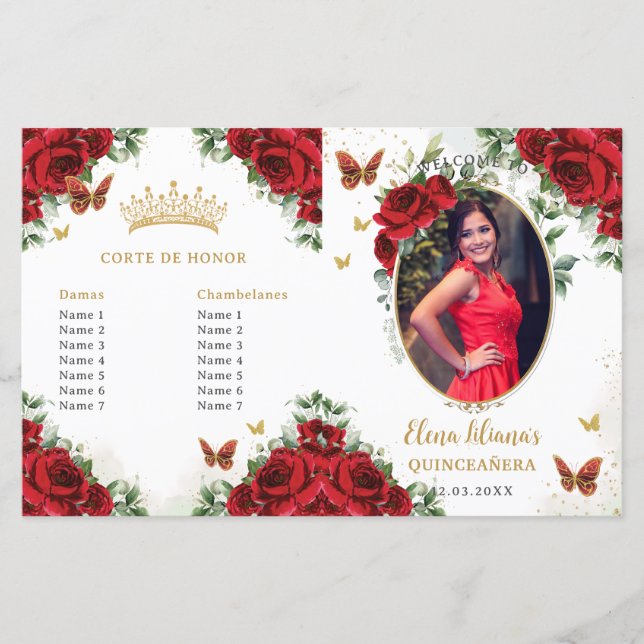 Quinceañera Red Floral Butterflies Programme photo (Devant)