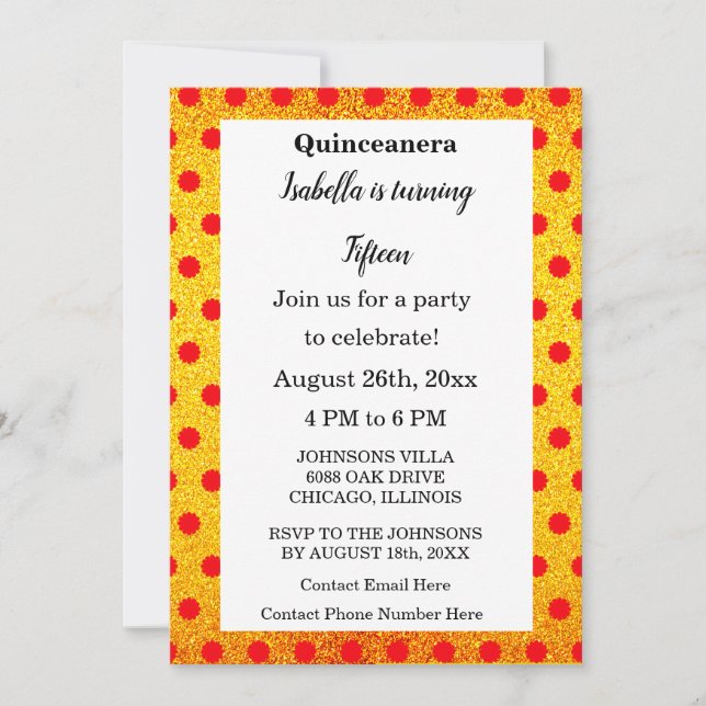 Quinceanera Red Floral Gold Glitzer Schwarzer Text Einladung (Vorderseite)