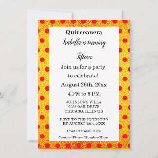 Quinceanera Red Floral Gold Glitzer Schwarzer Text Einladung