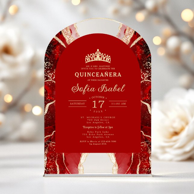 Quinceañera Red Gold Agate Elegant Acryleinladungen (Von Creator hochgeladen)