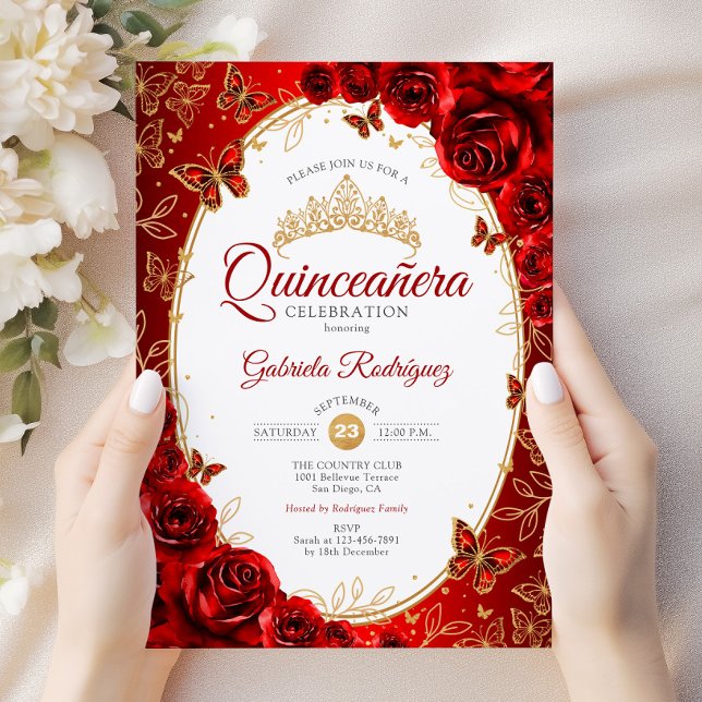 Quinceanera Red Gold Elegante Einladung (Von Creator hochgeladen)