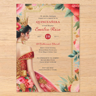 Quinceañera Red Gold Mis Quince Dress Blume Acryleinladungen