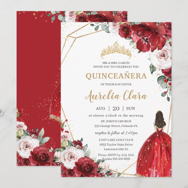 Quinceañera Red Ivory Blush Bloral Prinzessin Einladung (Vorne/Hinten)
