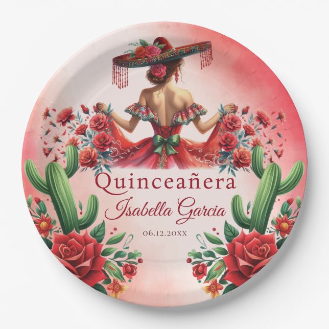 Quinceañera Red Mexican Style Pappteller (Vorderseite)