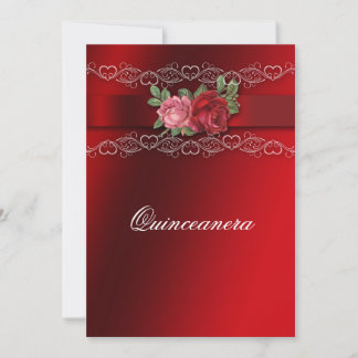 Quinceanera Red Pink Roses Red Satin Einladung