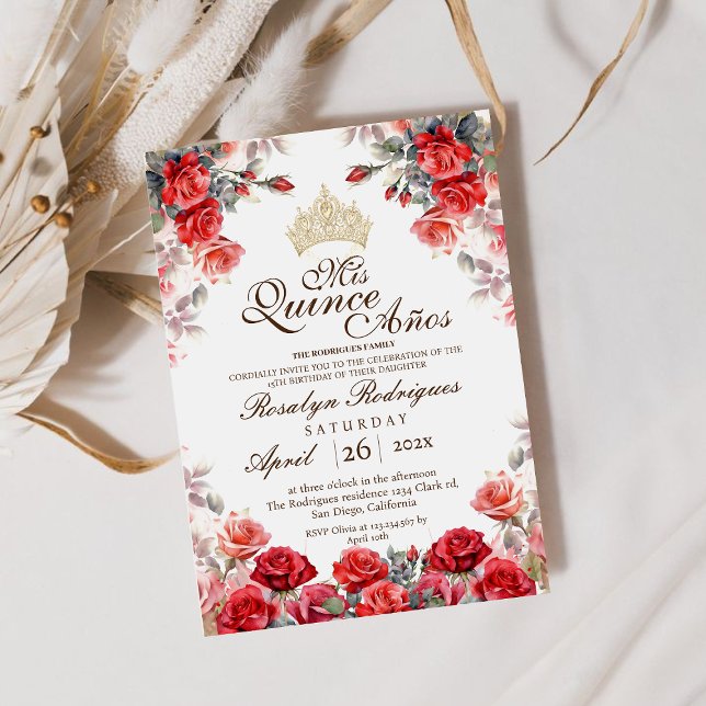 Quinceanera - Red Rose Gold Tiara Invitation (Créateur téléchargé)