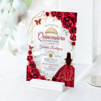 Quinceanera Red Roses Dress Gold White Acryleinladungen