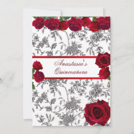 Quinceanera Red Satin Rote Rosen Schwarz-weiß Toil Einladung