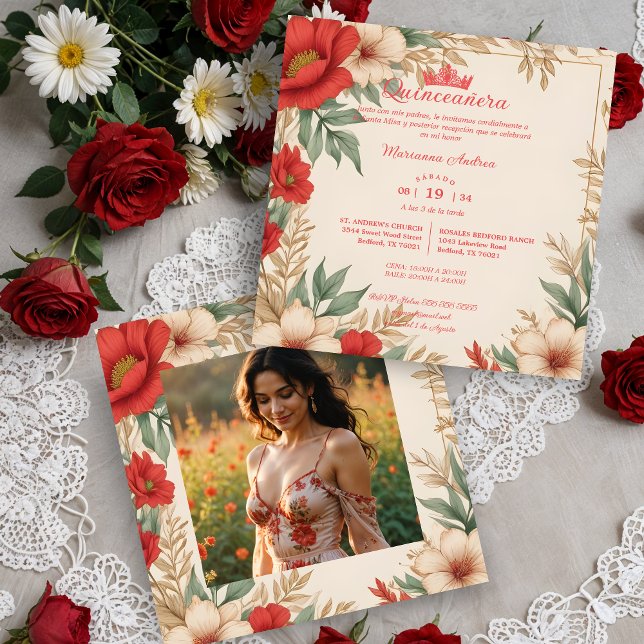 Quinceañera Red Shades Sweet Floral Spanisches Fot Einladung (Quinceañera Red Shades Sweet Floral Spanish Photo Square Invitations Cards. )