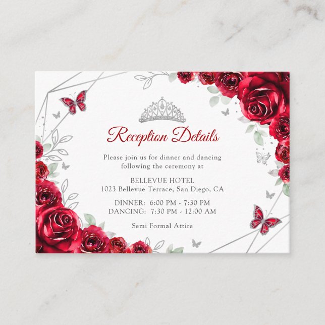 Quinceanera Red Silver Floral Details Begleitkarte (Vorderseite)