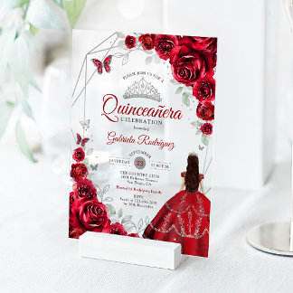 Quinceanera Red Silver Floral Dress Acryleinladungen