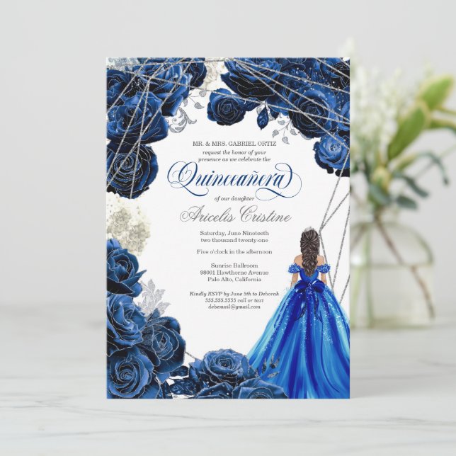 Quinceañera Regal Royal Blue & Silver w Gown Invit Einladung (Stehend Vorderseite)