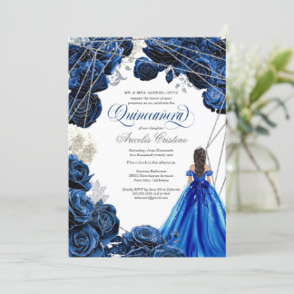 Quinceañera Regal Royal Blue & Silver w Gown Invit Einladung