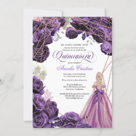 Quinceañera Regal Royal Lila & Rose Gold & Gown Einladung