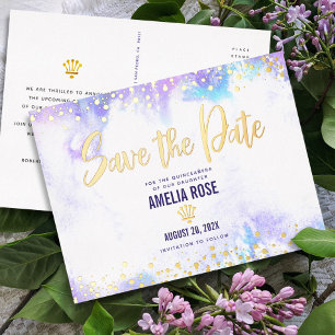 Quinceañera Rett Datum Lila Wasserfarbe Real Gold Folie Einladungspostkarte