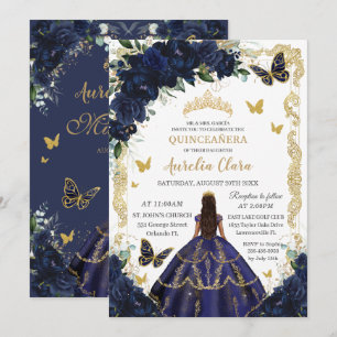Quinceañera Rich Navy Blue Floral Gold Princess Einladung