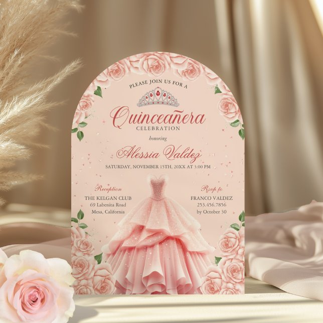 Quinceanera Robe Rose Argent Floral Invitation (Créateur téléchargé)