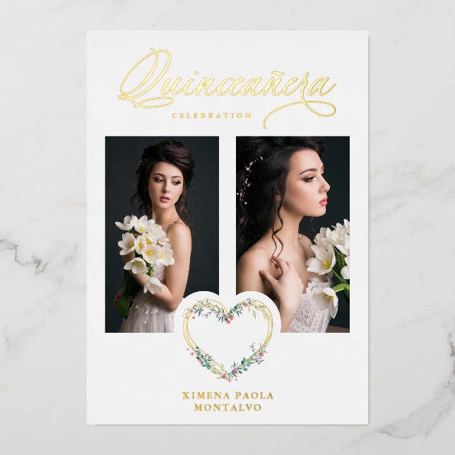 Quinceañera Romantic Pink Shades Real Gold Floral  Folieneinladung (Vorderseite)