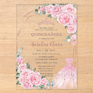 Quinceanera Rosa Blumenprinzessinnenkleid Roségold Acryleinladungen