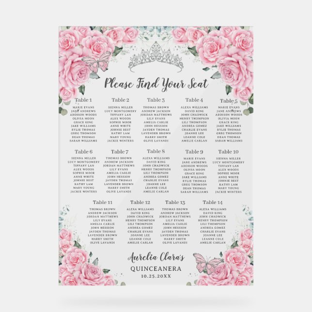 Quinceanera Rosa Blumenschmetterlinge Sitzplan Acrylschild (Vorderseite)