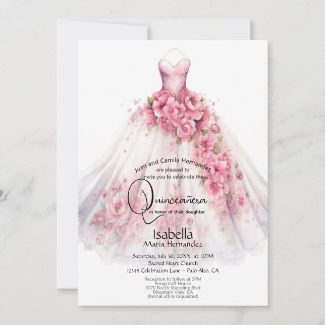 Quinceañera | Rosa Blütenbraun Einladung (Vorderseite)