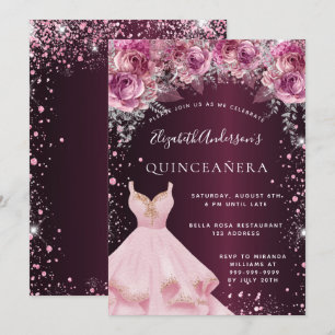 Quinceanera rosa bordeauxfarbene Glitzer Kleid flo Einladung