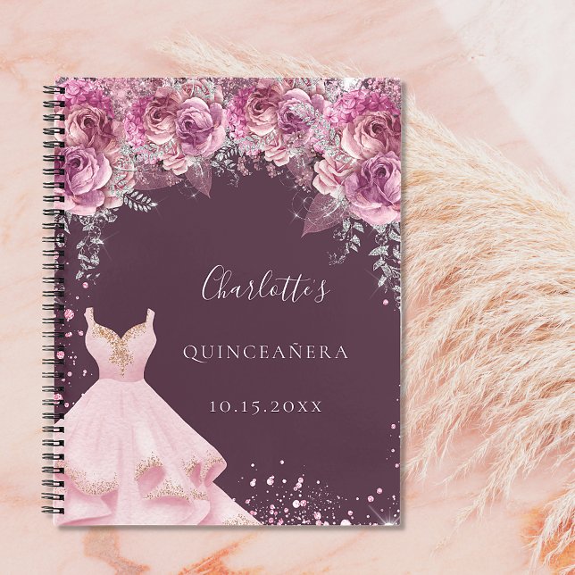 Quinceanera rosa bugundy Blumenkleid Gästebuch Notizblock (Von Creator hochgeladen)