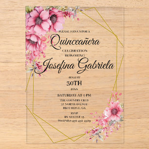 Quinceanera rosa floral acryleinladungen